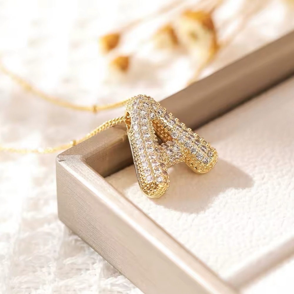 18K Gold Bubble Letter A Initial Pave Diamond Inlay Monogram Pendant Necklace